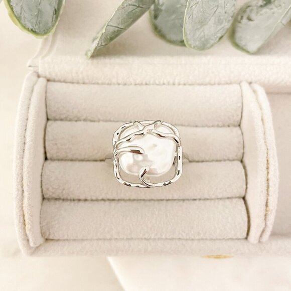 925 Sterling Silver Chunky Ring Square Boho Silver Statement Ring Unique Ring - Picture 3 of 8